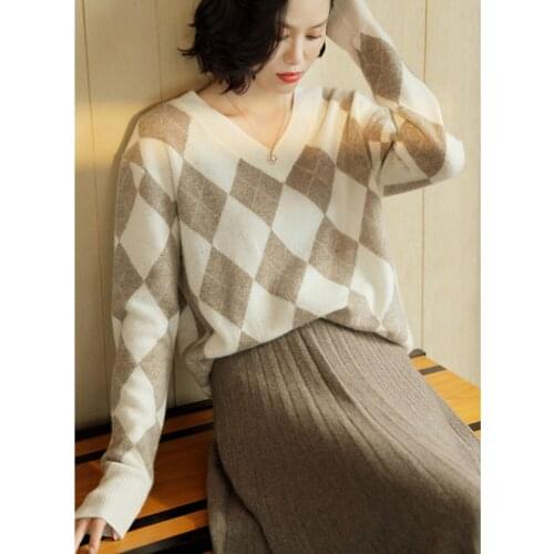 Sweater Women Loose Style 100% Cashmere Knitted Plaid Long Sleeves 2 Colors Classic Design High Quality Pullover New Fashion