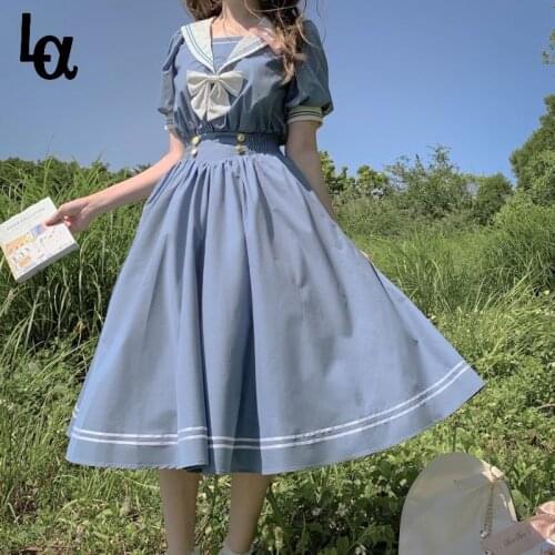 Luck A Harajuku Sailor Collar Navy Dress Japanese Lolita Sweet Bow-knot Girl Retro Cotton Kawaii Preppy Style Long Sleeve Dress