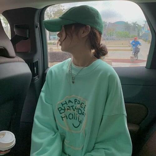 2021 spring autumn T-shirt women new kawaii lake green letter print student Korean loose cool oversize long-sleeved top trend