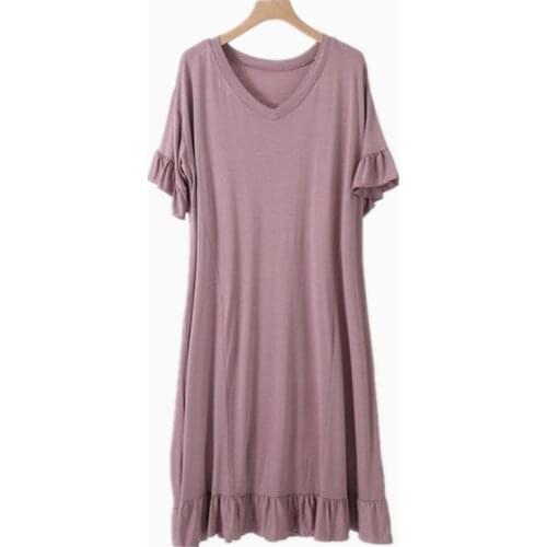 Modal Dress Female Summer Lotus V-Neck Loose Large Size Nightdress All-Match Thin Short-Sleeved Long Nightgowns Women Nightwear