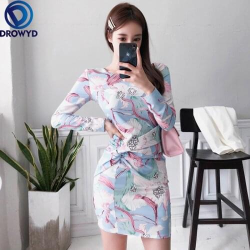 2021 Summer Club Nigth Sexy Dress New Korean Womens Temperament Round Neck Long-sleeved Hip and Thin Cross-print Dress Vestidos