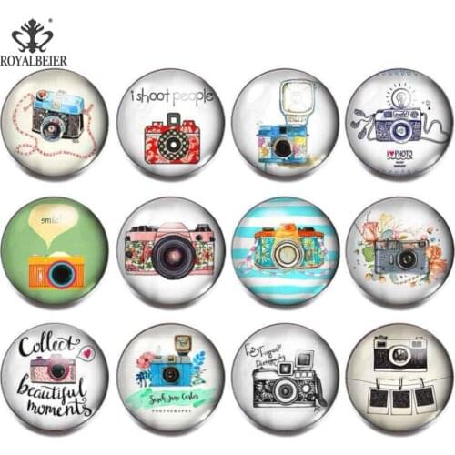 12pcs/lot Mixed Camera Theme 18mm Snap Button Charms For 18mm Snaps Bracelet Necklace Glass Beads for Jewelry Making kg0106