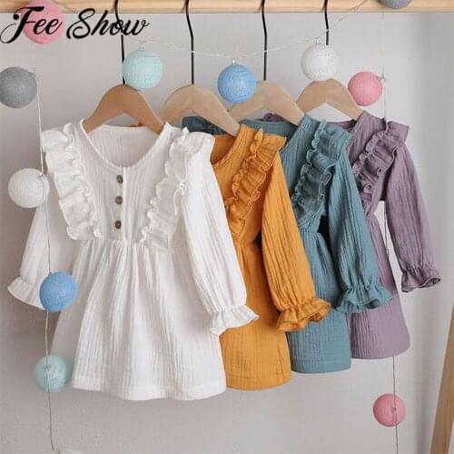 2021 Toddler Kids Baby Girl Spring Autumn Dress Ruffles Long Sleeve Solid Sundress Cotton Linen Party Casual Dress Baby Clothes