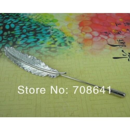 52x12mm New Silver tone Plated Feather Brooch Pins w/ Stopper Back Settings Blank Brooches Jewelry Making Wholesale