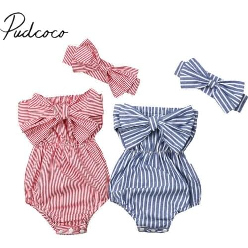 2019 Baby Summer Clothing Newborn Baby Girls Strapless Bodysuit Off Shoulder Striped Bowknot Jumpsuit Sleeveless Headband Outfit