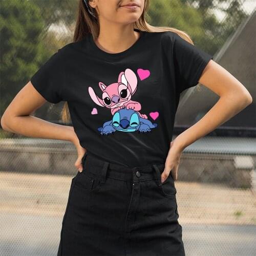 Lilo & Stitch Cartoon Pattern T-shirts Female Kawaii Harajuku Outdoor Fashion Dropship Diseny O-Neck Women T Shirts Black White