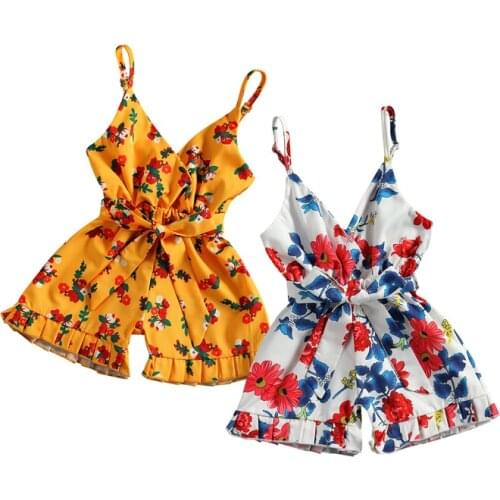 FOCUSORM 0-24M Summer Cute Baby Girls Rompers Flowers Print Sleeveless Belt Strapless Jumpsuits 2 Colors