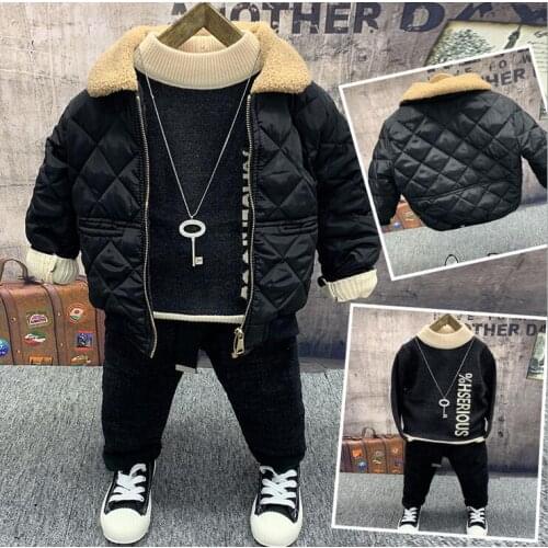 Baby boy clothes suit cotton children Winter kids clothing sets boy Warm winter coat,Knit sweater, plush jeans 3pcs set 2-6years