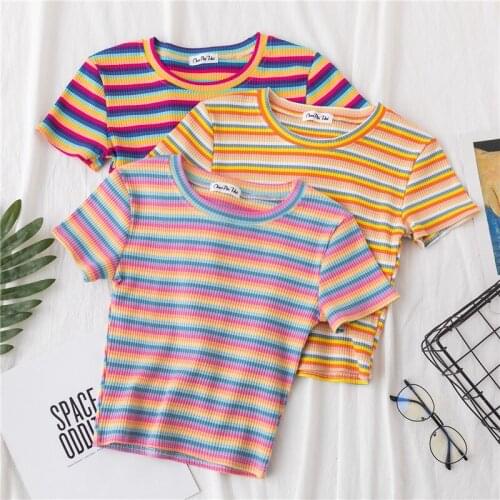 Summer Short Sleeve Korean T-shirt Feminina Clothes Tops New T Shirt Women Rainbow Striped Tops Slim Fit T Shirt Harajuku Tshirt