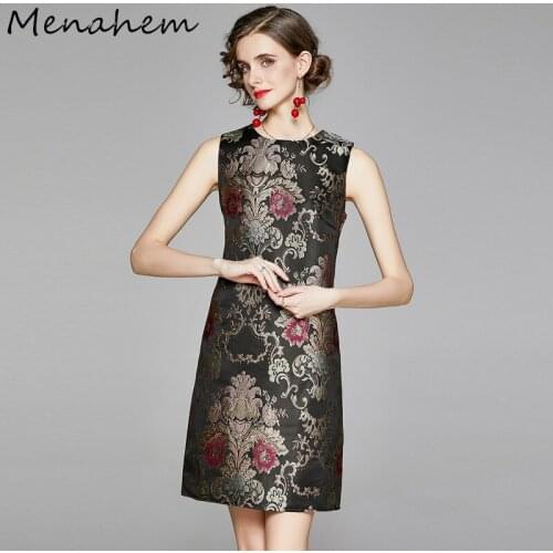 Menahem 2021 Summer Women Luxury Floral Embroidery Jacquard Dress Elegant Office Sleeveless O-Neck Tank Party Vintage Mini Dress