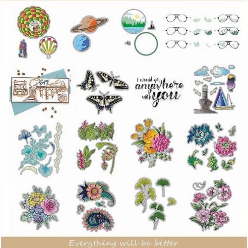 Metal Cutting Dies Match Clear Silicone Stamps Mix Flower Leaves Butterfly Boat Hot Air Balloon Glasses Planet Round Make Cards