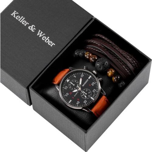 Men Brown Quartz Watch Bracelet Set Numerals Watch Face Wristwatch Mens Bracelets Chain Anniversary Gift Box for Boyfriend