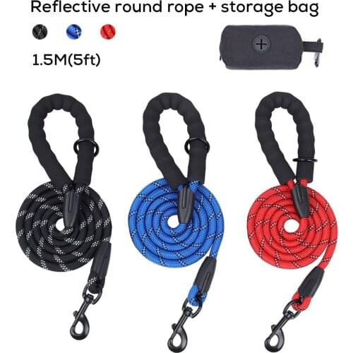 Nylon Dog Lead Weave Long Reflective Traction Rope with Portable Pet Poop Storage Bags Harness Collar Lead Dogs Accessories