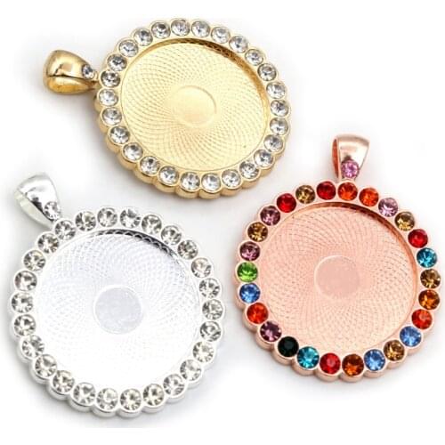New Fashion 5pcs 25mm Inner Size KC Gold/Bronze/Silver Plated Transparent Rhinestone Cabochon Base Setting Charms Pendant