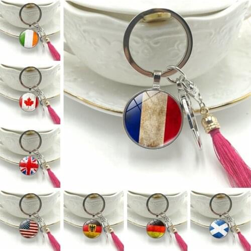 New Key Ring Germany Canada UK Scotland France England American Flag Glass Cabochon Pendant Key Chain Tassel Hanging Jewelry