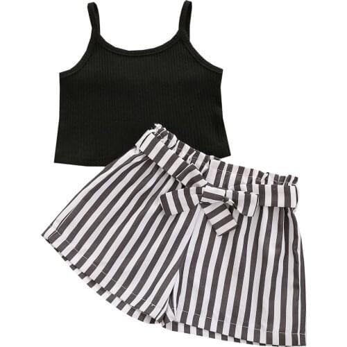 New Kids Suit Set, Girls Solid Color U-Neck Sleeveless Tops+ Striped Shorts+ Waist Belt for Summer, Black, 1-6 Years