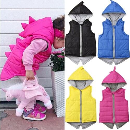 Autumn Winter Infant Kids Waistcoats Baby Girls Dinosaur Vest Zip Hooded Jacket Coat Tops Children Outerwear Sport Clothes 6M-5T
