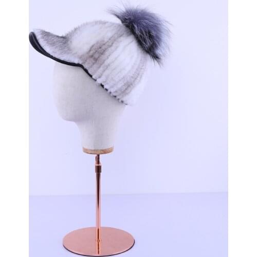 Luxury New 2020 Genuine Real Mink Fur Striped Silver Fox Fur Pom Poms Baseball Caps Winter Bomber Fur Hats Earmuffs Cap