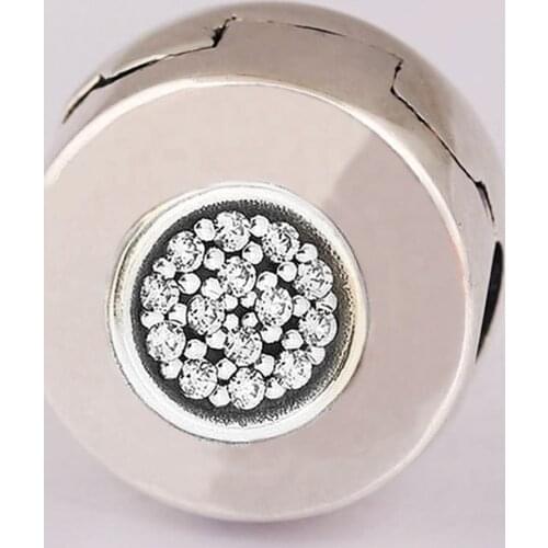 S925 Bead DIY Jewelry Pave Crystal Clip Stopper Charm fit Lady Bracelet Bangle Lady Gift Clear CZ