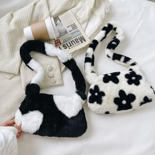 Flower Print Mini Shoulder Bags For Women 2021 New Winter Warm Soft Plush Underarm Bags Leopard Zebra Cow Print Fluffy Tote Bags