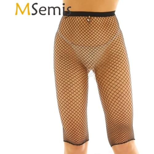 Women Legging Half Pants Black Fishnet Mesh See Through High Waisted Knee Length Slim Fit Leggings Cycling Short Sexy Clubwear