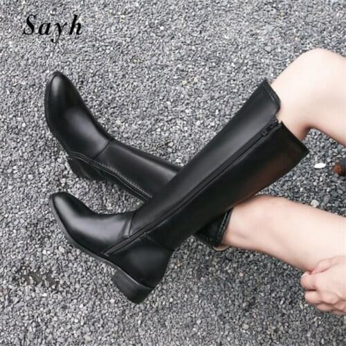 Winter Women Knee High Boots Zipper Low Heels Pu Leather Riding Chelsea Boots Casual Shoes Size Plus 34-45