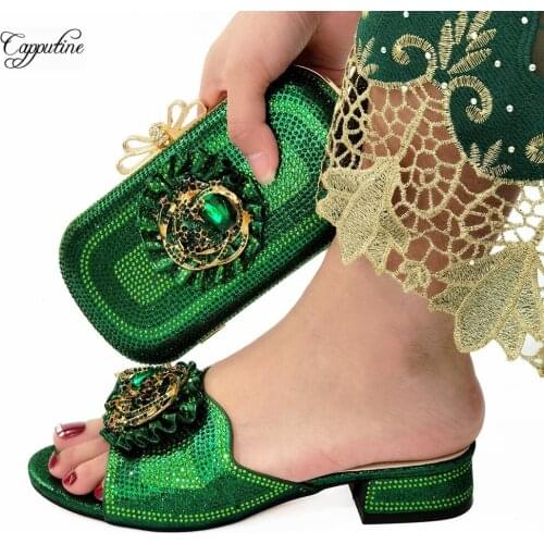 2021 Green Lower Heels Women Shoes And Clutch Bag Sets African Ladies Slippers With Handbag Chaussure Femme CR196 Height 3cm