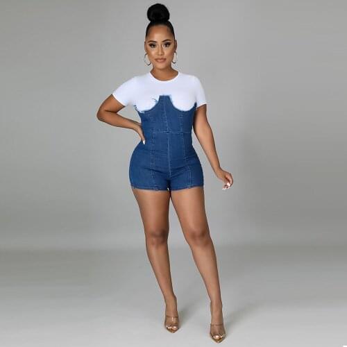 Blue White Color Block Spliced Short Playsuit Women Short Sleeve Elastic Hight Bodycon Romper Vintage Casual Back Zipper Robe
