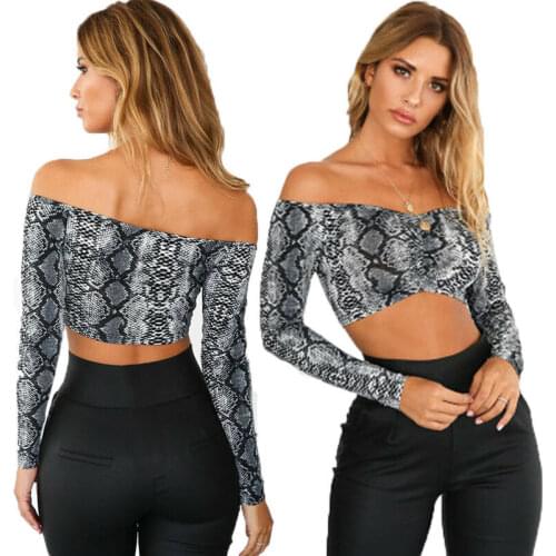 Women Sexy Snake Printed Long Sleeve Off Shoulder Crop Top Blouse Summer Fashionable Casual Slim Cool Streetwear Clubwear