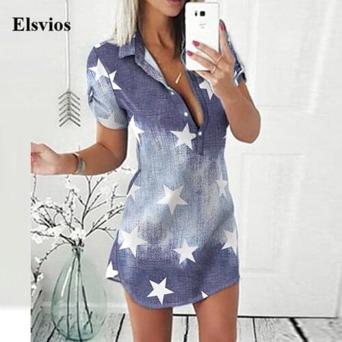 2021 Vintage Star Printed Mini Dress Fashion Casual Turn-down Collar Button Shirt Dress Women Summer Short Sleeve Party Dresses