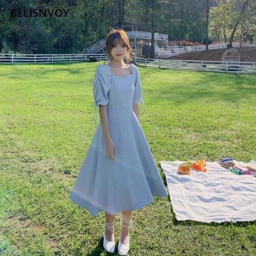 Summer Korean Elegant Women Slim Midi Dress Solid Fashion Square Collar Princess Sleeves Bandage Dress Female Party Vestidos
