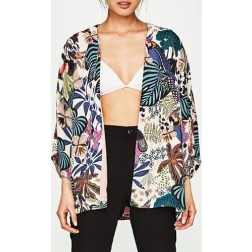 Women Chiffon Beach Kimono Butterfly Birds Leaves Print Open Front Loose Thin Bikini Cover Up Cardigan Green