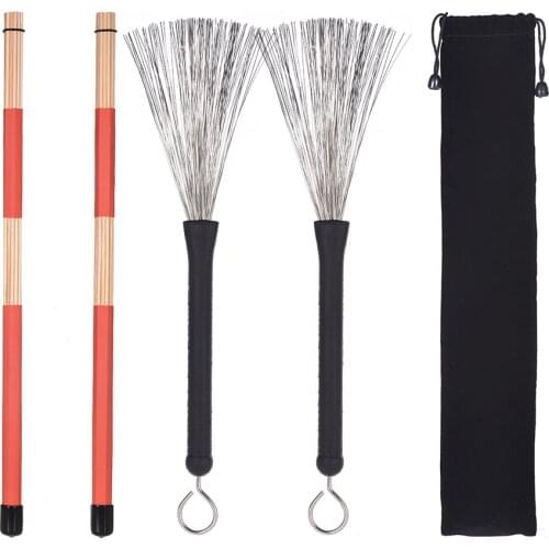 1 Pair Drum Rods Sticks + 1 Pair Drum Brushes Drum Stick Set with Storage Bag for Jazz Folk Music