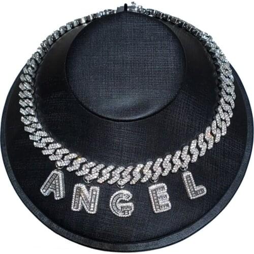 12mm Baguette Rhinestone Miami Cuban Link Word: Angel Letter Necklace Silver Color Plating Micro Paved CZ Cuban Joining together