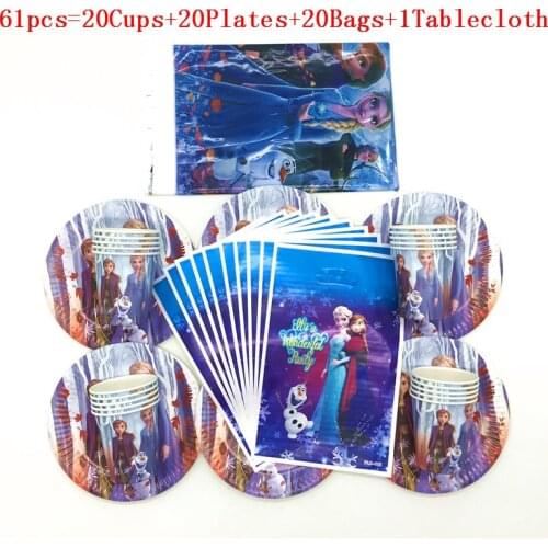 Disney 61Pcs/31Pcs Hot Cartoon Frozen II Anna Elsa Child Girls Birthday Wedding Flexible Bag Paper Cup Plate Decoration Supplies