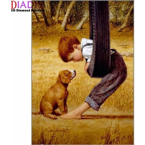5D DIY diamond painting round diamond "little boy and dog" rhinestone cross stitch mosaic home wall decoration