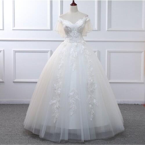 Elegant Brilliant Wedding Dress lace Applique Rhinestone net A-Line Batwing sleeve Strapless lace up Bridal Ball Gown