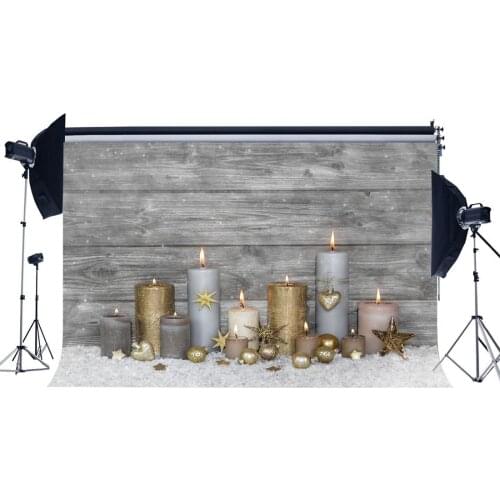 Photography Backdrop Christmas Golden Star Candles Balls Rustic Wood Floor Snow Xmas Backdrops Happy New Year Background