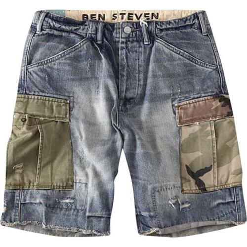 KIOVNO Men Cargo Military Denim Shorts Multi Pockets Patchwork Jeans Shorts For Male Washed Size 29-36