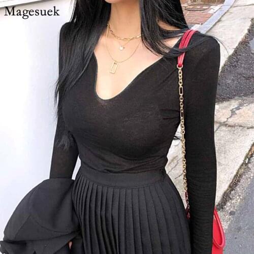Korean Deep V-neck Sexy Top Women Autumn Long Sleeve Black Shirt Women 2021 New Streetwear Pullover Women Shirts Blouses 11975