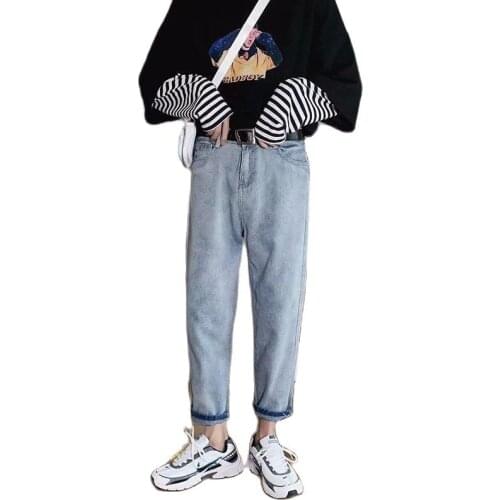 Hong Kong style 2020 spring autumn loose retro mens jeans Korean straight wide leg harem pants trendy ankle length pants