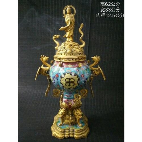 24" Tibet Buddhism Temple Bronze cloisonne Incense burner Guanyin Riding Dragon Statue Avalokitesvara statue incense burner