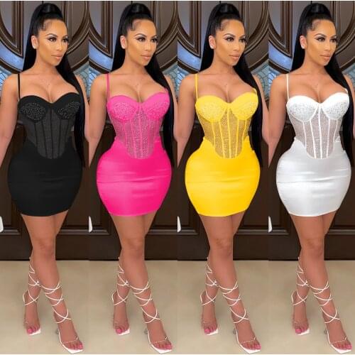 Nightclub Sexy Sling Dress Rhinestone Mesh Stitching Plus Size African Clothes Singer Stage Costumes European Clothing YS1633