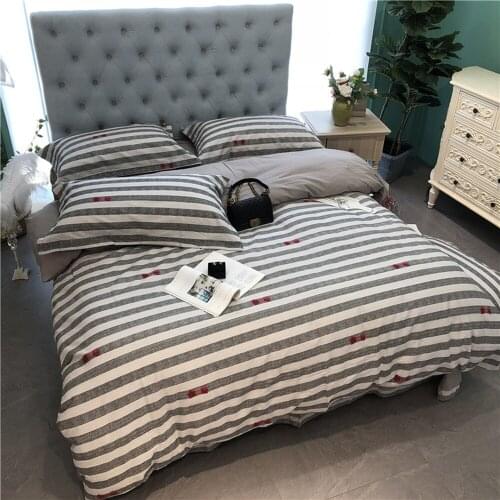 White Stripe 100% cotton Printed Flower leaf Bedding sets Sanding Queen King Pastoral Duvet cover Bed sheet set Pillowcases 4pcs