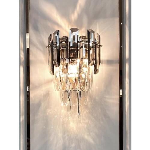 Postmodern Crystal Wall Lamp Bedroom Light Luxury Crystal Champagne Smoke Gray E14 Iron Restaurant Study High-end Good-looking