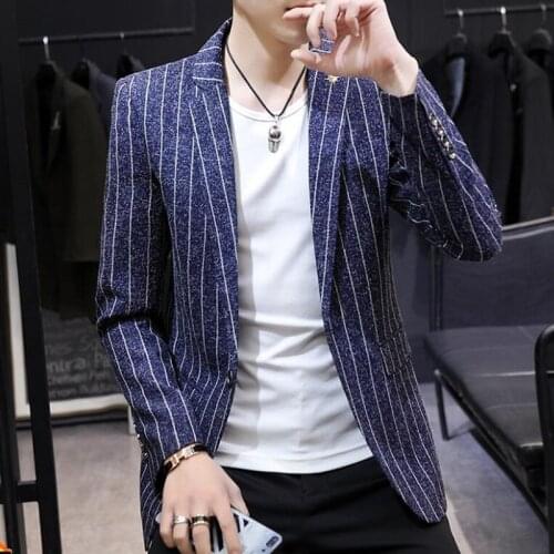 Korean Style Casual Stripe Blazer Men Plus Size Mens Long Sleeve Blazers Jacket Homm Spring Autumn Men Striped Blazer Hombre
