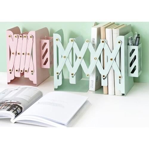 Adjustable Book Stand Metal Retractable Bookends for Shelves Book Support Rack Bookshelf with Pen Holder Office Desk Organizer