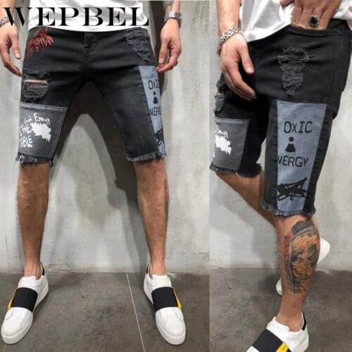 WEPBEL Summer Mens Ripped Stretch Hip Hop Short Jeans Male Fashion Casual Slim Fit Elastic Patchwork Broken Hole Denim Shorts