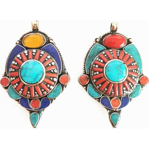 TBP554 Vintage Jewelry Copper Inlaid Colorful Stone Pendants Ethnic Fashion Tibetan Jewelry