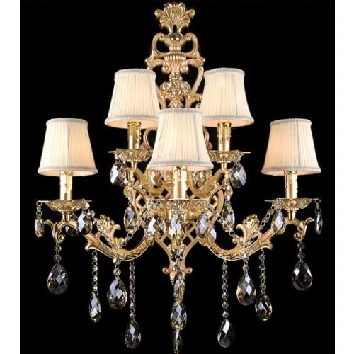 5 arms Vintage Gold Wall Lamp Hotel Large Led Wall Fixtures Crystal Wall Sconces Parlor cloth Shade Led Mirror Light Arandela